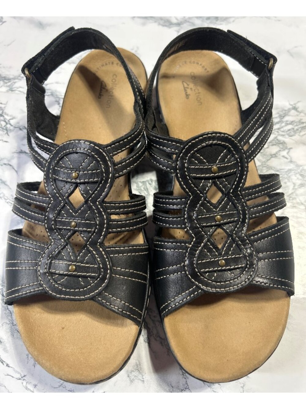 Clarks Collection Womens  Size 8.5W Black Leather Sandals Ultimate Comfort
